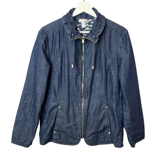 Chicos Jacket Womens Large Chambray Denim Reversible Blue Zip Up Casual Work - Picture 1 of 16